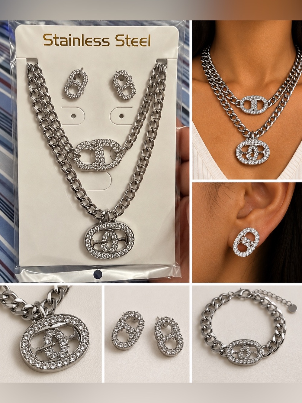 Others Follow Silver Rhinestone Double-Link Necklace, Earrings & Bracelet Set